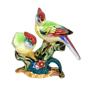 Vintage Salt & Pepper Shakers Set Birds on Branch 3pc Set Porcelain Decorative